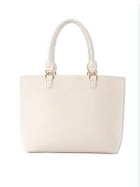 Cream Work Faux Pebbled Leather Tote Bag with Braided Handles